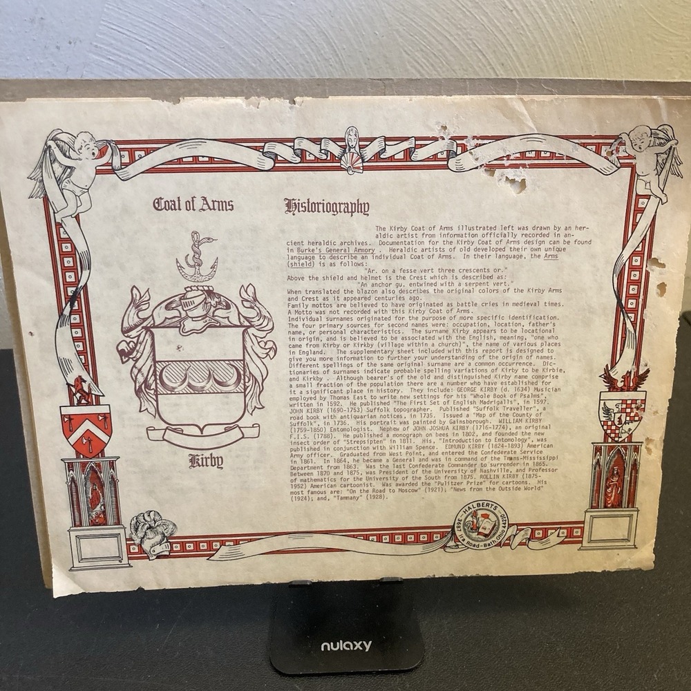 Kirby Family Coat of Arms Certificate Halberts Weathered Suitable for Framing